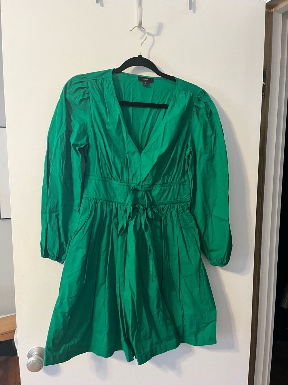 J. Crew Emerald Green Long Sleeve V-Neck Tie-Waist Dress